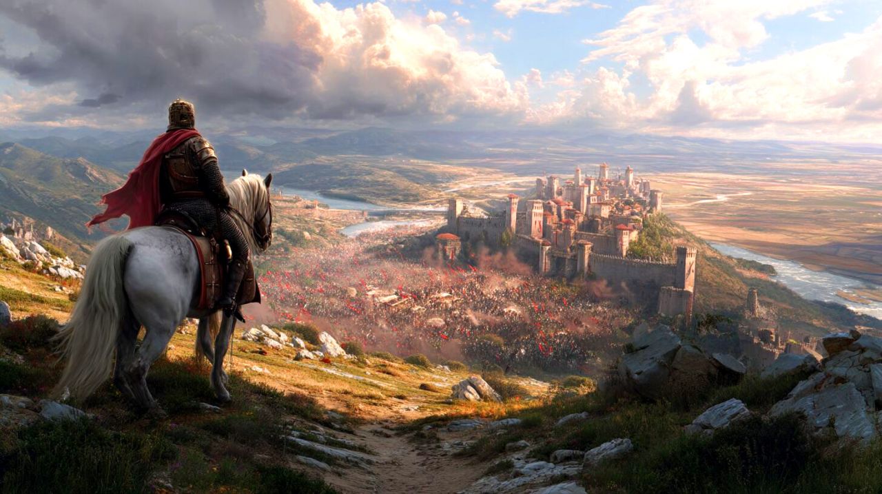 a Byzantine general on a white horse over looking and assult on a castle