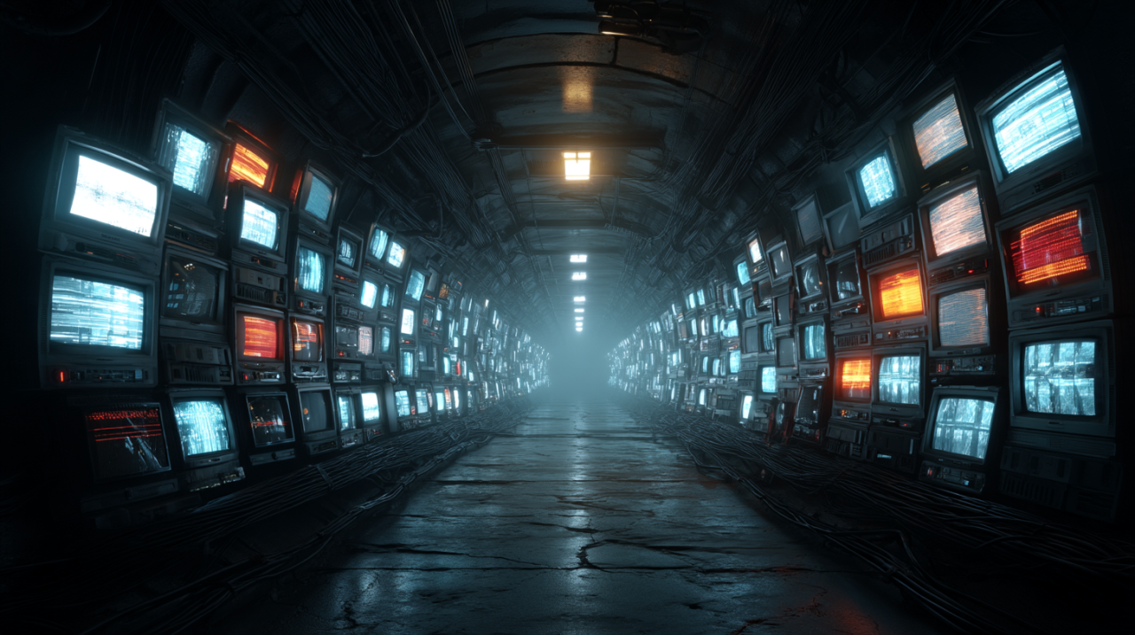 a sc-fi tunnel with TVs and screens on the wall