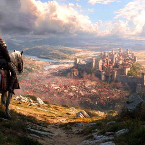 a Byzantine general on a white horse over looking and assult on a castle