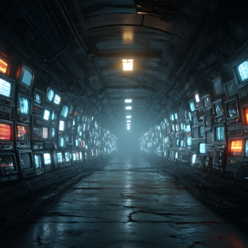 a sc-fi tunnel with TVs and screens on the wall